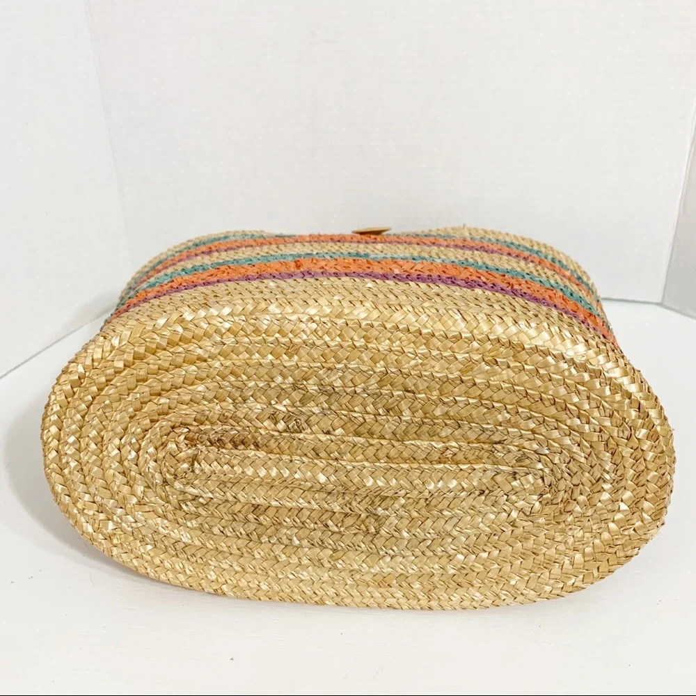 Unbranded Multi Colored Woven Striped Straw Bag Top Hand Fully Lined Oval Shaped
